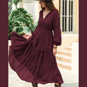 Boho Burgundy Maroon Bubble Sleeve Ruffle Dress